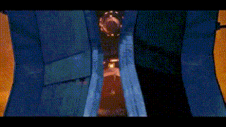a robot is standing in a dark room with a blue curtain .