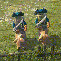 two toy soldiers are riding pigs in a field