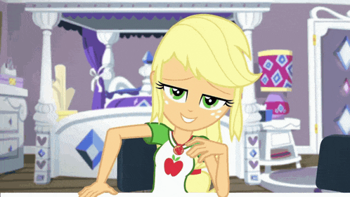 a cartoon girl is wearing an apple necklace and smiling