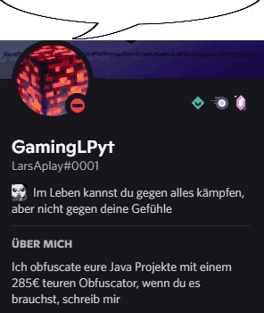 a screenshot of a gaming lpyt profile with a speech bubble