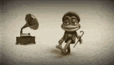 a monkey is standing next to a phonograph .