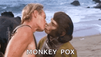 a man and a monkey are kissing on a beach and the monkey is saying `` monkey pox '' .
