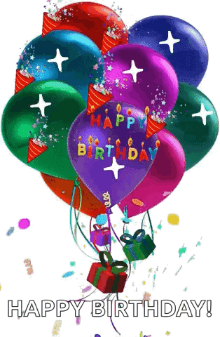 a bunch of colorful balloons with the words happy birthday written on them .