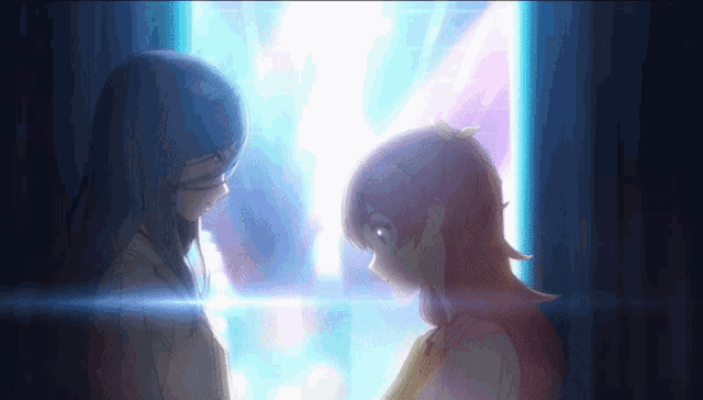 two anime girls are looking at each other with a blue light behind them