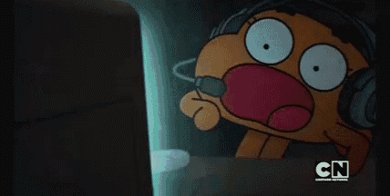 a cartoon character from the amazing world of gumball is wearing headphones and making an angry face .