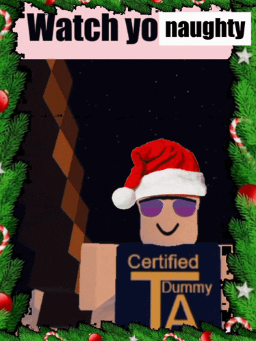 a certified dummy wearing a santa hat and sunglasses is surrounded by christmas decorations