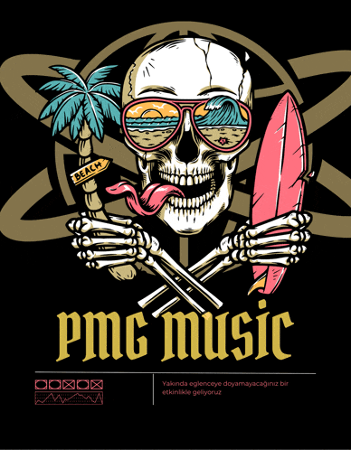 an illustration of a skeleton holding a surfboard with the words pmg music on the bottom