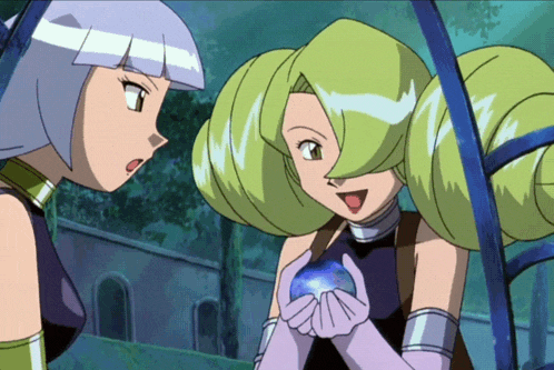 two anime girls are standing next to each other and one has a blue ball in her hands