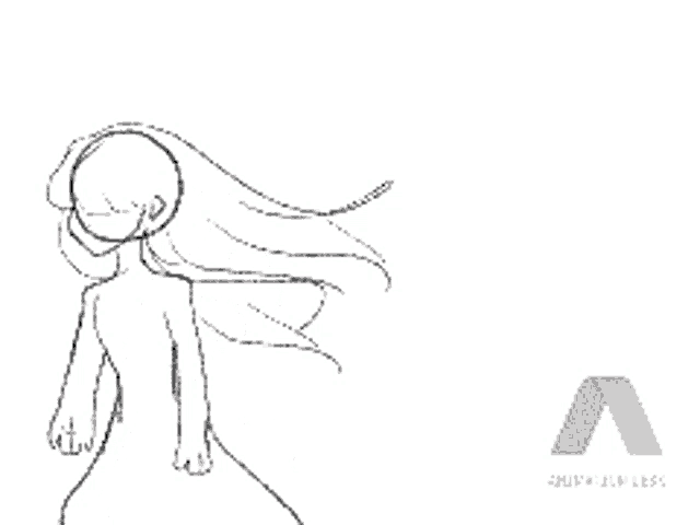 a black and white drawing of a girl with long hair