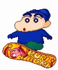a pixel art of a cartoon character riding a skateboard .