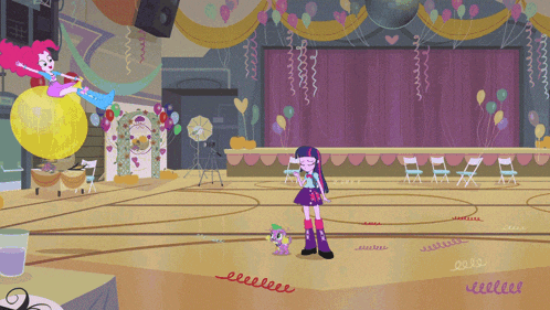 a cartoon of a girl playing a flute and a pony standing in front of a stage