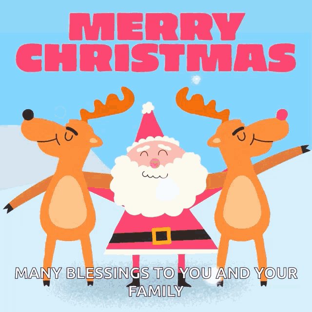 a merry christmas greeting card with santa claus and two reindeer