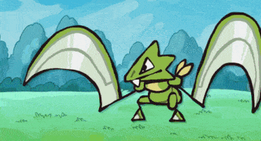 a cartoon drawing of a lizard holding a spear in a field