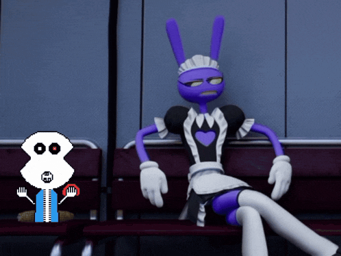 a cartoon character wearing a maid outfit sits next to a pixelated skeleton