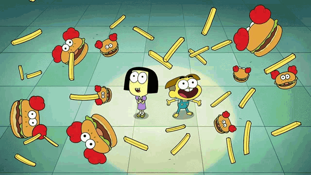 a cartoon of a girl and boy surrounded by hamburgers and french fries