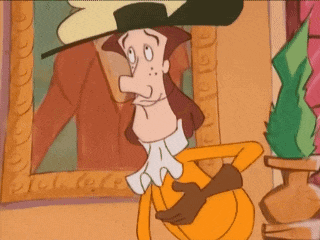 a cartoon character is standing in front of a framed painting