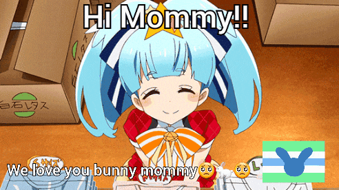 a girl with blue hair is smiling and says hi mommy