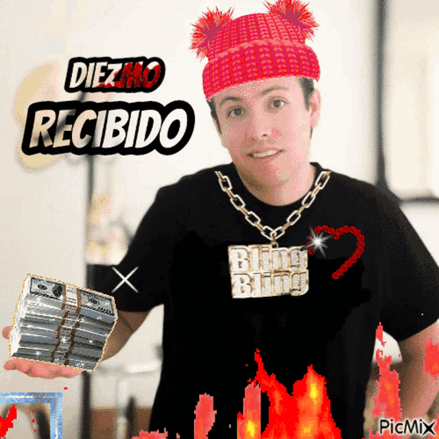 a man wearing a red hat and a bling bling shirt holds a stack of money