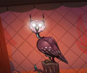 a purple owl with a light on its head is sitting on a tree stump .
