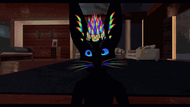 a black cat with glowing blue eyes and a rainbow colored mane