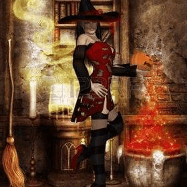 a woman in a witch costume is pouring a potion into a cauldron in a room .