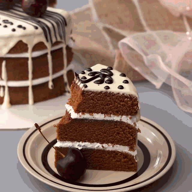 a slice of cake with a cherry on a plate