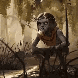 a painting of a creature sitting in the grass