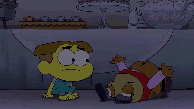 a cartoon character sitting next to another character laying on the ground