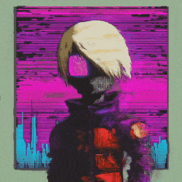 a painting of a person with a purple screen behind them