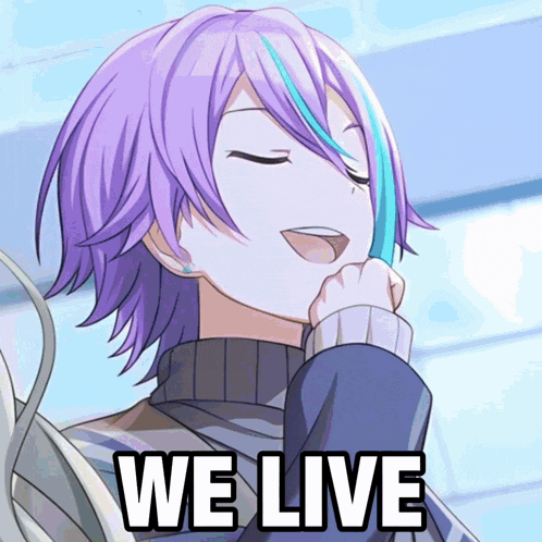 a purple haired anime character with the words " we live " on the bottom