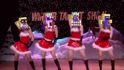 a group of women in santa costumes are dancing in front of a sign that says winter talent show