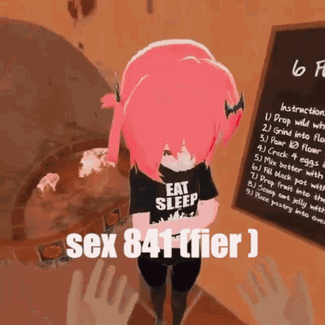 a girl with pink hair and a shirt that says eat sleep