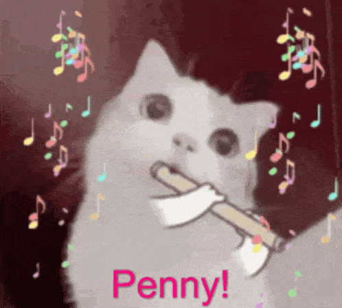 a white cat is holding an axe in its mouth with the word penny above it