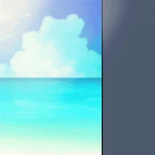 a painting of a beach with a blue sky and clouds in the background