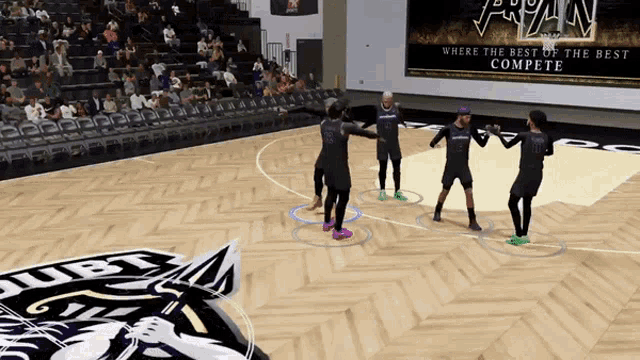 a group of basketball players on a court with a sign that says " where the best of the best compete "