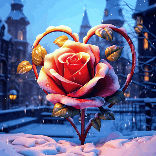 a red rose is surrounded by a heart shaped frame in the snow