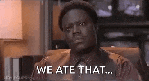 a man in a suit and tie is sitting in a chair and says `` we ate that '' .