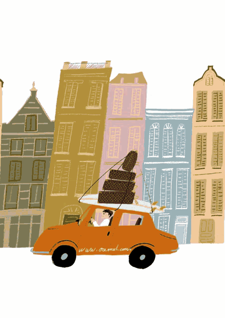 a cartoon drawing of a man driving an orange car with the website www.travel.com written on the door