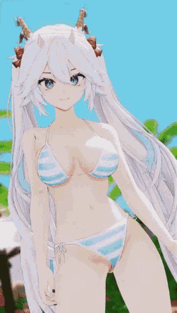 a girl in a bikini with horns on her head stands in front of a blue sky