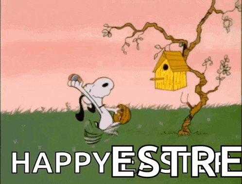 a cartoon of snoopy with a birdhouse in the background and the words happyestrie
