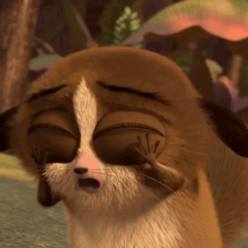 a close up of a cartoon cat covering its eyes with its paw