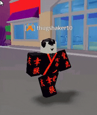 a roblox character named thugshaker10 is standing in front of a building