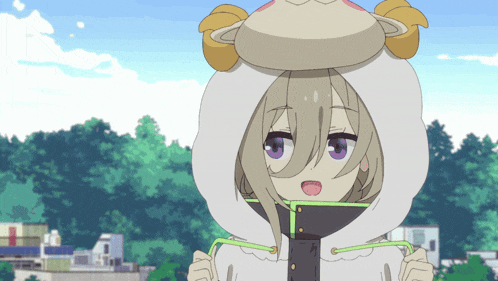 a girl with purple eyes is wearing a sheep hood