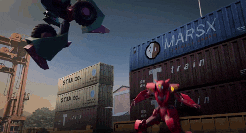 a robot is standing in front of a large marsx container