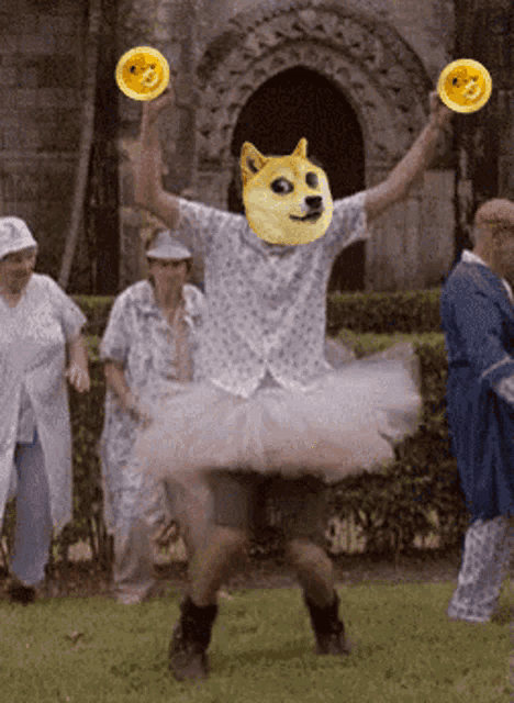 a man in a tutu with a doge face on his face