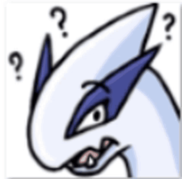 a cartoon drawing of a white and blue dragon with a question mark above its head .