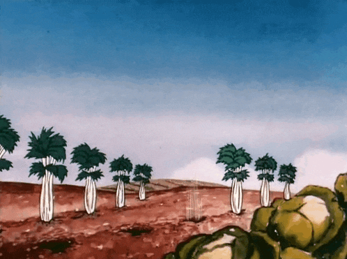 a cartoon drawing of a field with trees and rocks