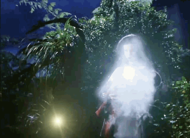 a ghostly figure is surrounded by trees in the dark