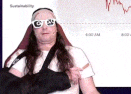 a man wearing sunglasses and a bandage on his arm is standing in front of a chart that says sustainability