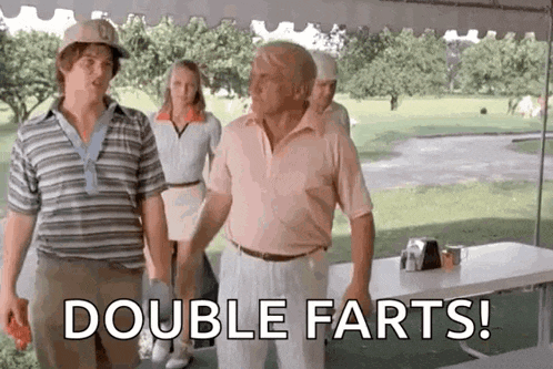 a group of men are standing next to each other on a golf course and one of them is saying `` double farts '' .